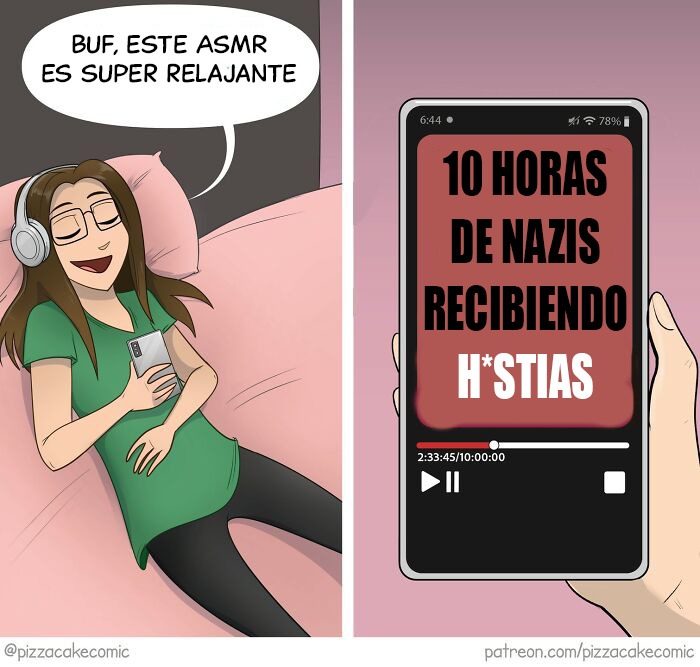 Mujer relajada escuchando ASMR en un sofá, con un teléfono mostrando un video humorístico, cómics sobre gatos y caos cotidiano.