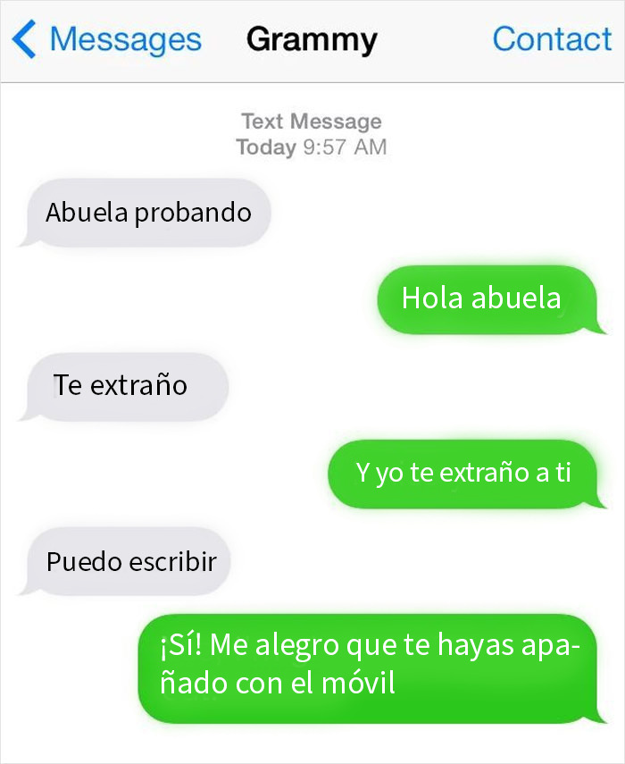 Conversación de texto entre persona mayor y familiar, mostrando dificultades cómicas para usar internet y mensajes.