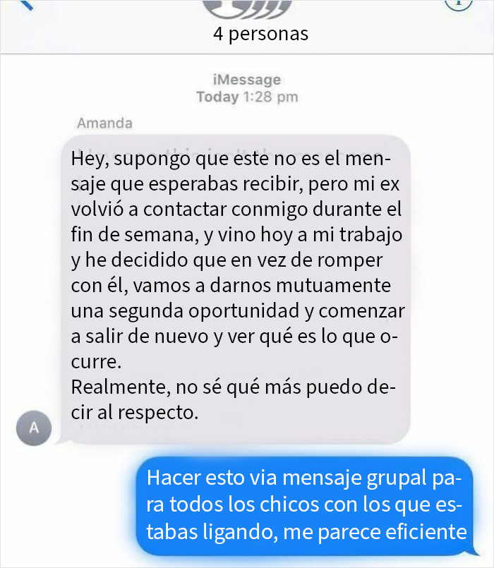 Captura de pantalla de una conversación caótica en app de citas que muestra mensajes confusos y razones para mantenerse soltero.