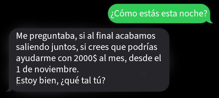 Captura de pantalla de chat en app de citas con conversación inusual y mensajes extraños entre dos personas.