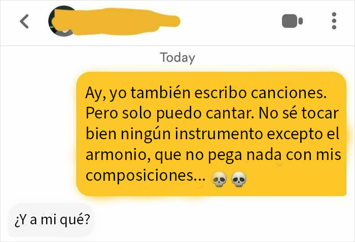 Conversación inusual en app de citas donde alguien habla de componer canciones pero otro responde de forma indiferente.