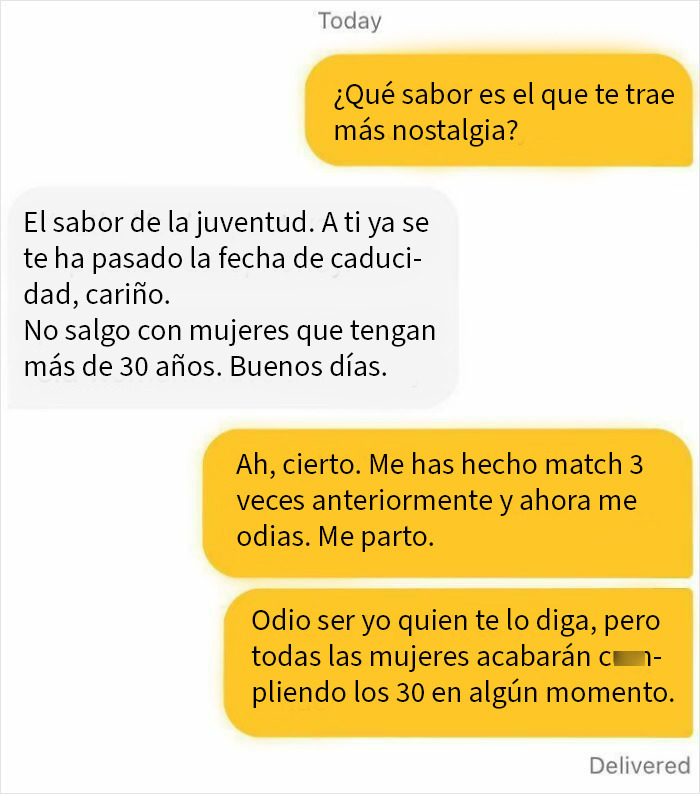 Conversación extraña en app de citas entre dos personas discutiendo edad y citas, ejemplo de chats unhinged en dating apps.