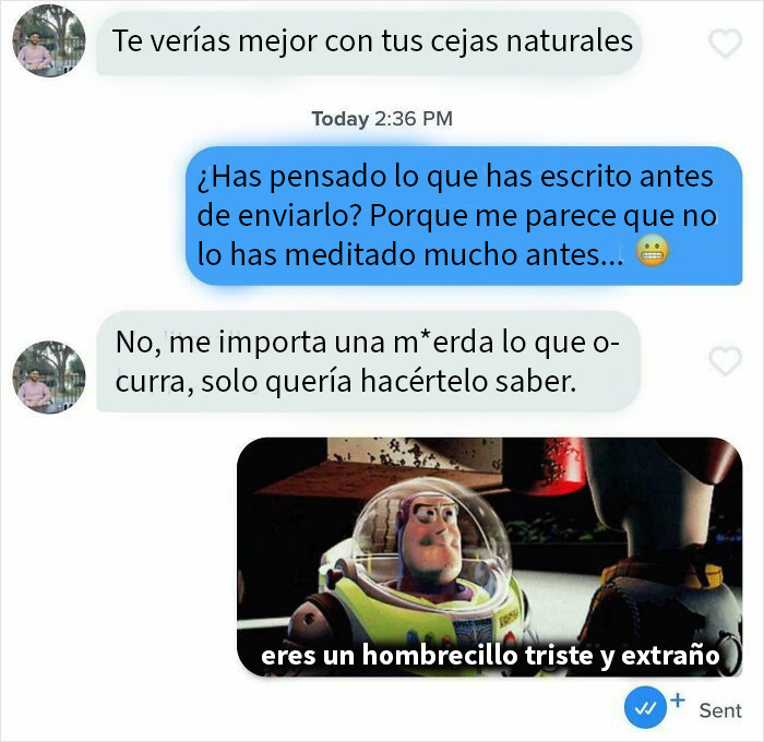 Captura de pantalla de una conversación unhinged en apps de citas con meme de Buzz Lightyear y texto en inglés.
