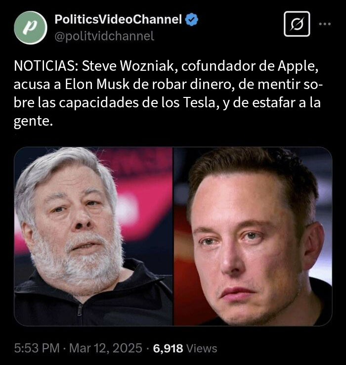Steve Wozniak acusando a Elon Musk por intento fallido de engaño y robo relacionado con Tesla y sus capacidades.