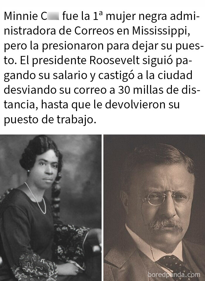 Retrato histórico de Minnie C*x y Theodore Roosevelt, destacando actos de justicia y liderazgo en correos y sociedad.