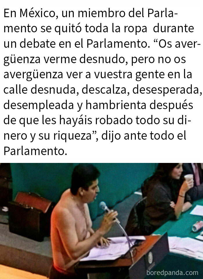 Político en México desnudo en Parlamento, ejemplificando acto caótico bueno para denunciar injusticias sociales.