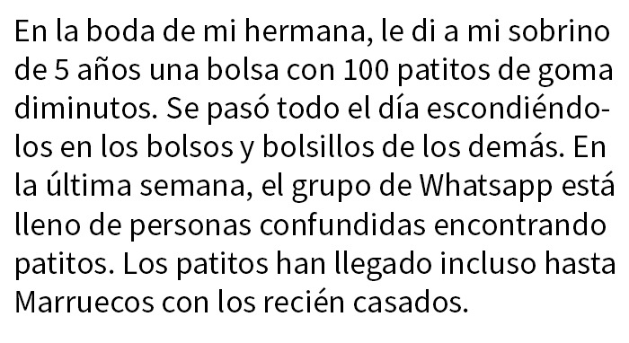 Mensaje divertido sobre un niño escondiendo patitos en bolsos durante una boda, mostrando acciones chaotic good.