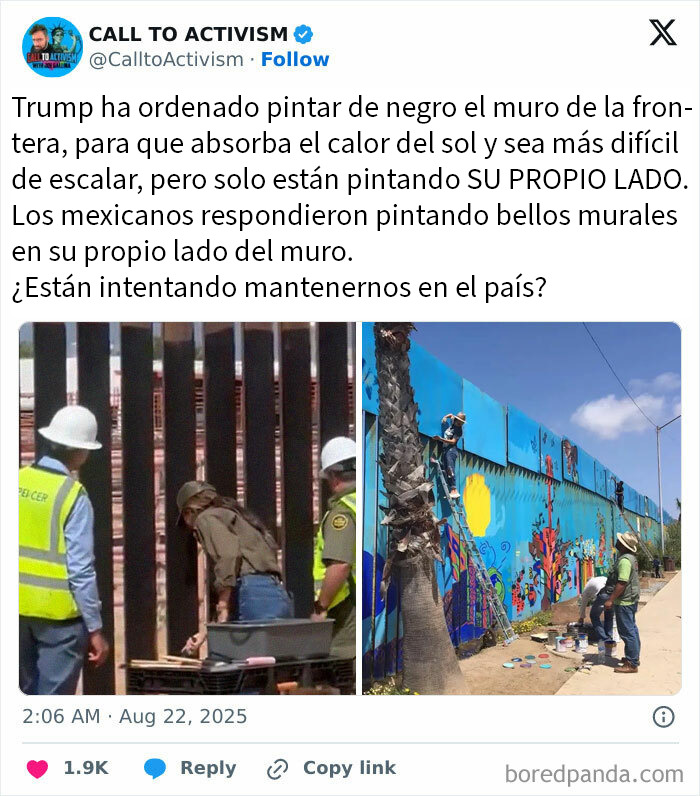 Personas pintando murales coloridos en el muro fronterizo como acto de chaotic good y resistencia cultural.