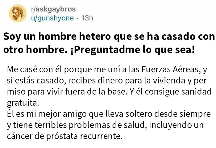 Hombre straight que se casó con un hombre para brindarle atención médica gratuita y apoyo en su salud.