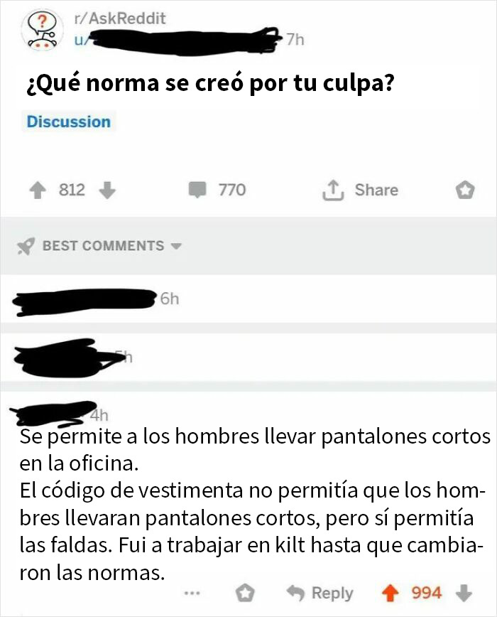 Publicación en Reddit donde usuario comenta cómo cambió el código de vestimenta para permitir shorts empresariales, ejemplo de chaotic good.