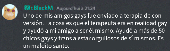 Mensaje en inglés sobre terapia de conversión y apoyo a jóvenes gay/trans, ejemplificando acciones de personas "chaotic good".