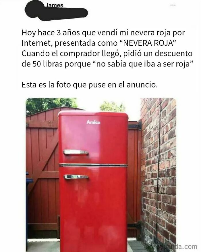 Refrigerador rojo vintage con historia divertida, ideal para memes graciosos y para compartir con amigos en redes sociales.