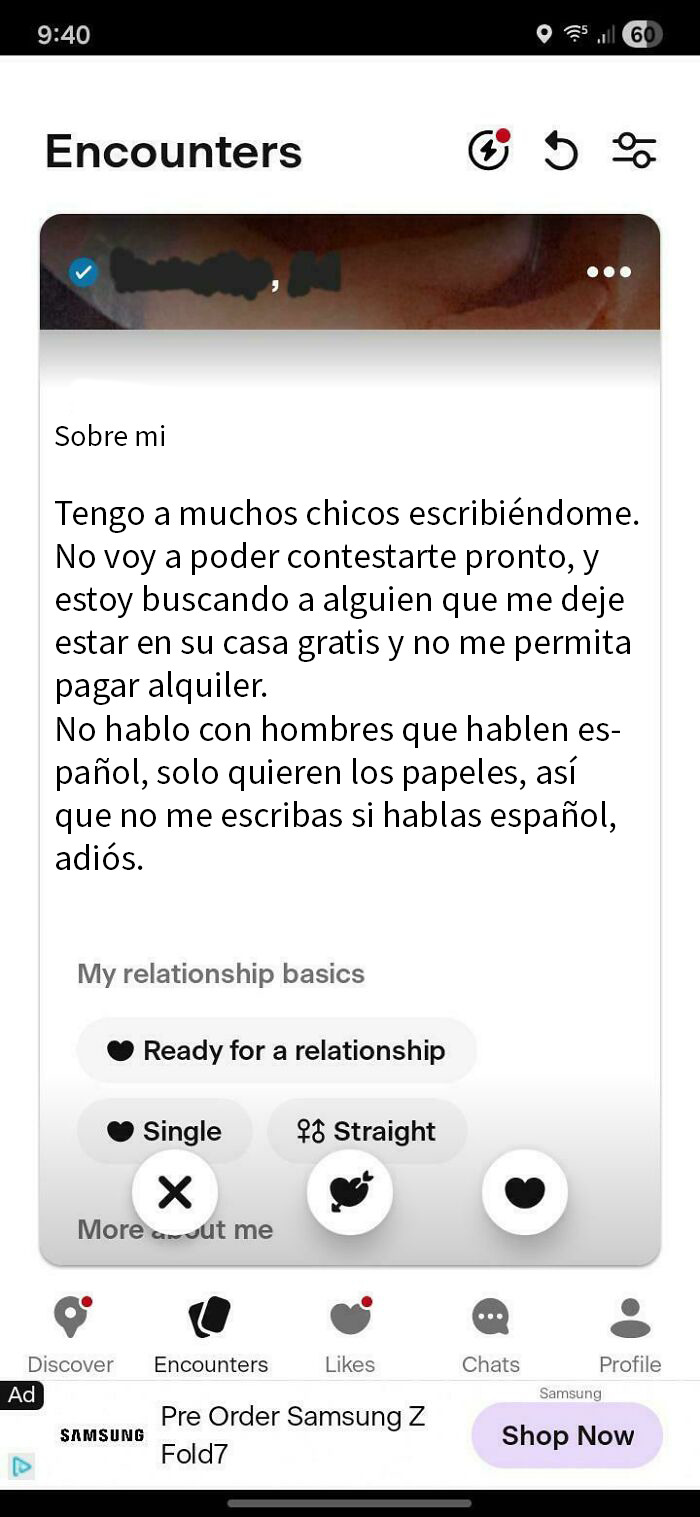 Perfil de mujer tóxica en app de citas, buscando quedarse gratis y evitando hombres que hablen español.