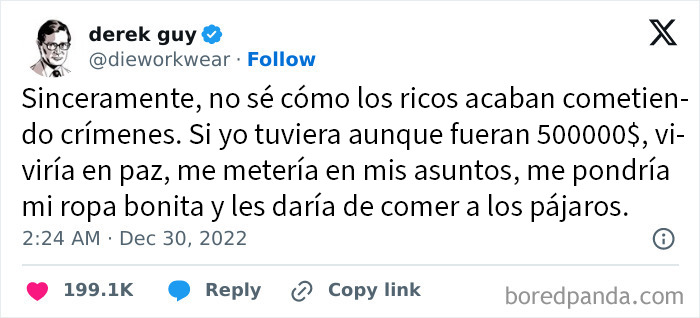 Tuit divertido sobre cómo vivir en paz con medio millón de dólares, parte de posts graciosos en Circle of Idiots.