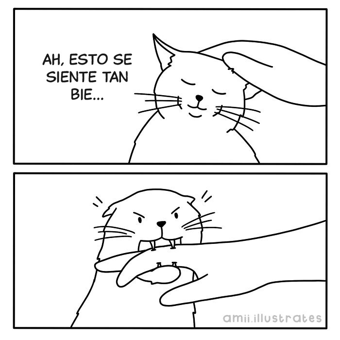 Cómic de animales mostrando un gato disfrutando una caricia y una nutria mordiendo una mano en dibujo simple en blanco y negro.