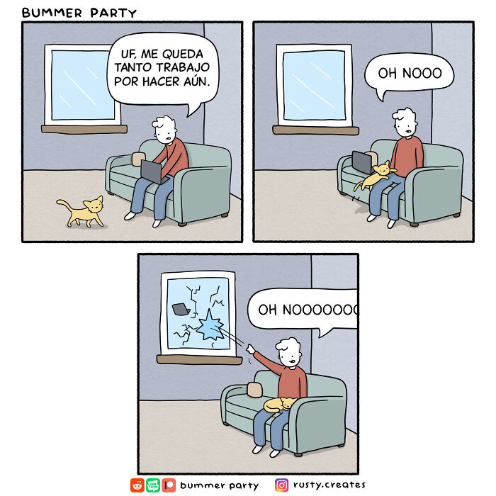 Gato y perro en cómic animal divertido, interactuando con caja vacía y cupcakes en cocina colorida, cómics animales populares.