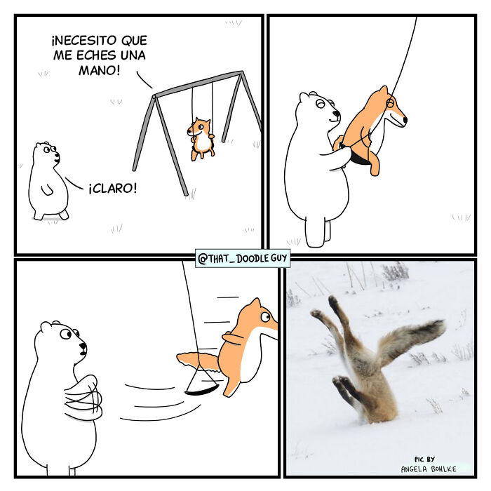 Viñeta de cómic animal con oso ayudando a un zorro en un columpio, destacando el humor en cómics de animales populares.