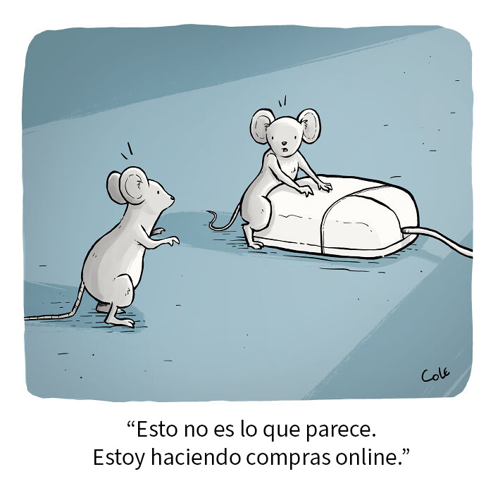 Ratones dibujados en cómic junto a un ratón de computadora, ilustración humorística de cómics de animales.