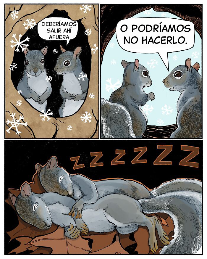 Viñeta de cómic de animales con dos ardillas decidiendo salir o quedarse y al final durmiendo juntas, estilo cómic animal.