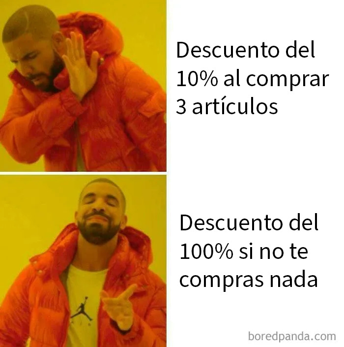 Hombre rechazando oferta de consumo y prefiriendo no comprar, mostrando humor sobre el aumento del consumismo actual.