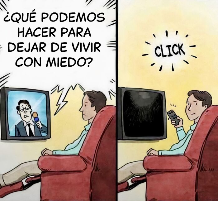 Hombre apagando la televisión para evitar el miedo mostrado en las noticias, reflejando el impacto del consumismo moderno.