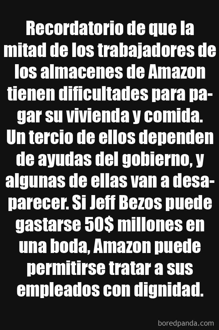 Mensaje sobre el impacto del consumerismo mostrando la lucha de trabajadores de Amazon con costos básicos y asistencia recortada.