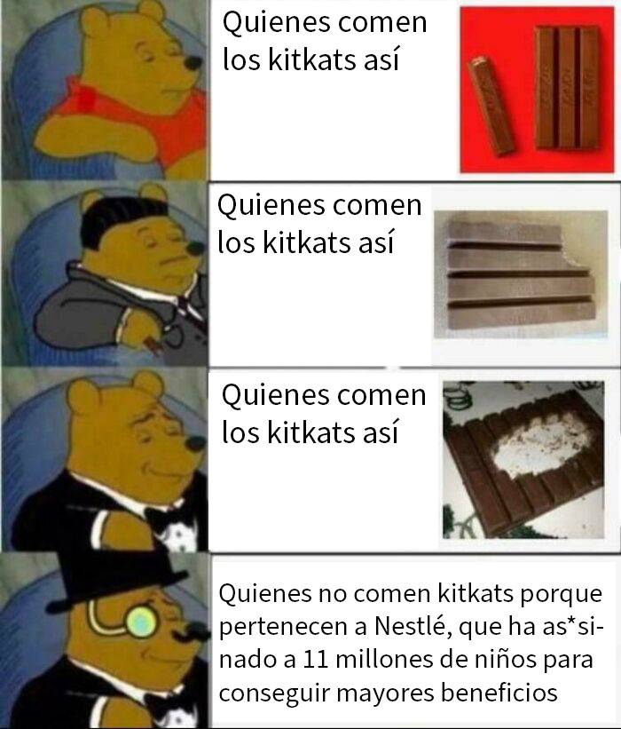 Meme divertido sobre las formas de comer KitKats, publicado en grupo online sobre publicaciones aleatorias y humor.