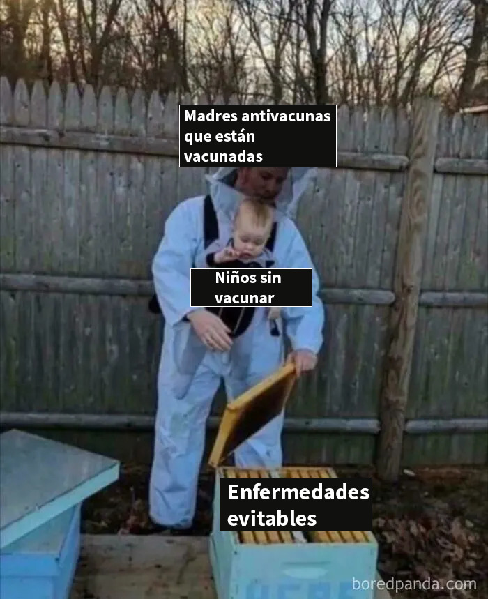 Persona con traje de apicultor y un bebé etiquetados como madres antivacunas y niños sin vacunar en imagen sobre enfermedades evitables.