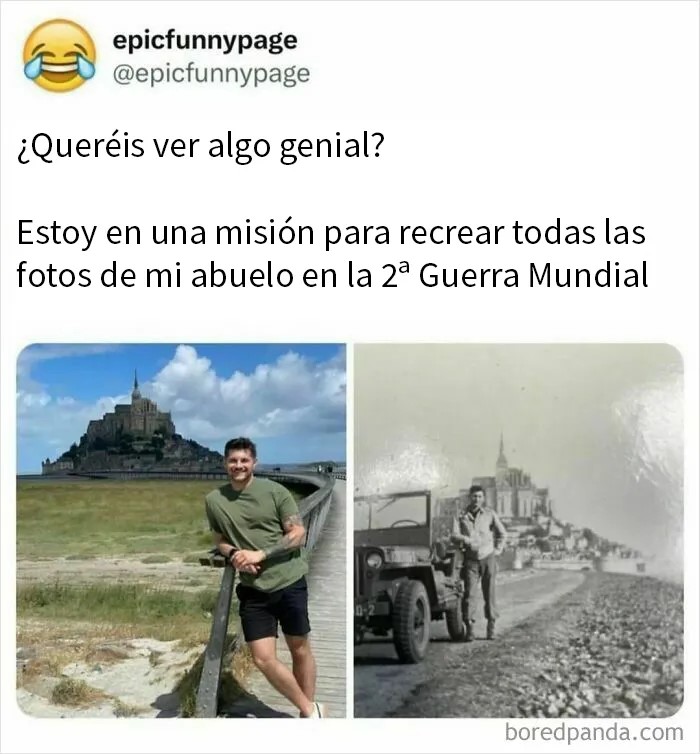 Hombre recreando foto histórica de su abuelo en la Segunda Guerra Mundial para combatir el aburrimiento con posts entretenidos.