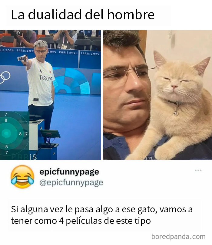 Hombre serio compitiendo en tiro y hombre con gato divertido, post entretenido para combatir el aburrimiento.