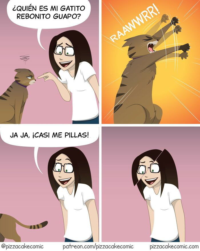 Mujer interactuando con su gato en cómic divertido sobre la vida, gatos y caos cotidiano en cuatro viñetas coloridas.