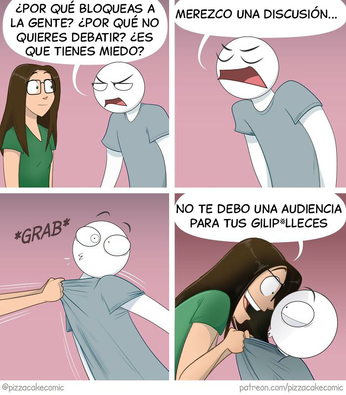 Cómic divertido sobre la vida y el caos cotidiano con personajes discutiendo y bloqueando a otros en redes sociales.