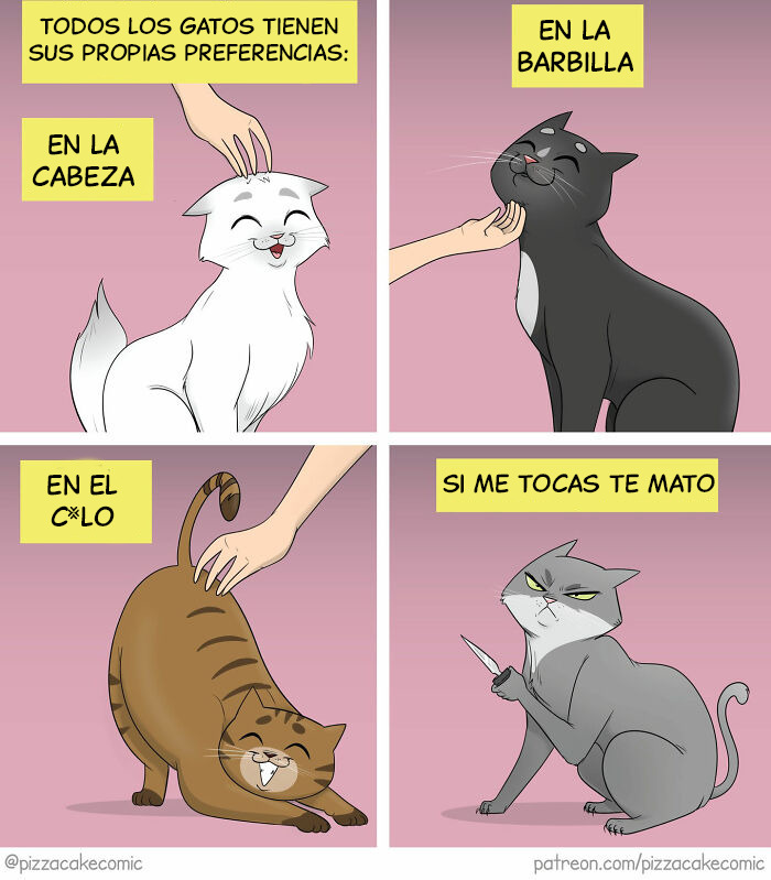 Cómic divertido sobre gatos mostrando sus preferencias de caricias y el caos cotidiano de la vida felina.