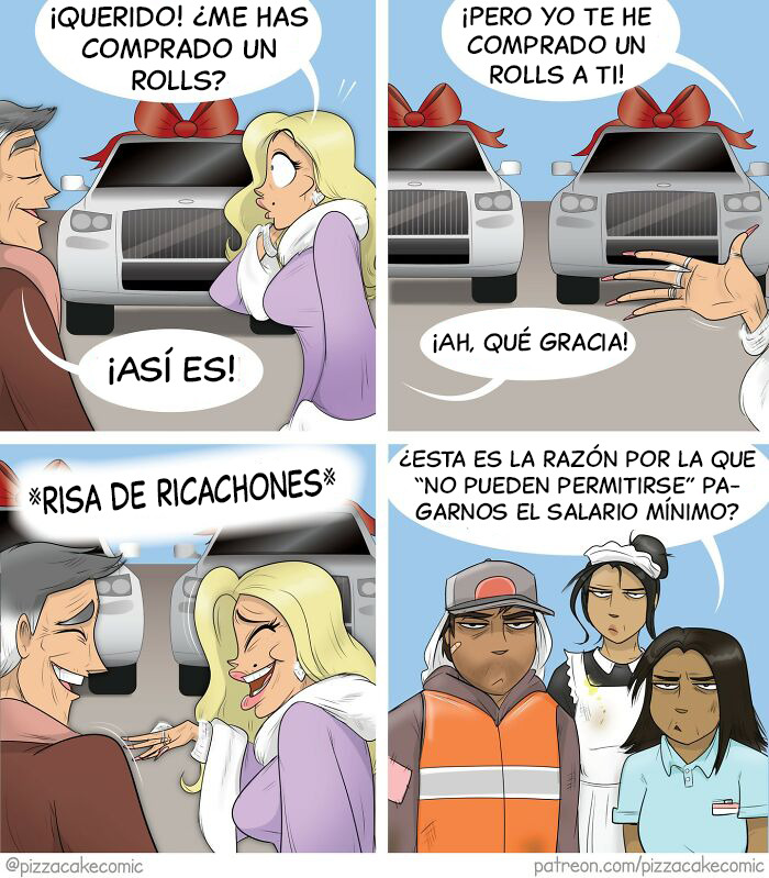 Pareja discutiendo sobre un Rolls Royce con humor, mientras trabajadores expresan crítica social en cómic divertido.
