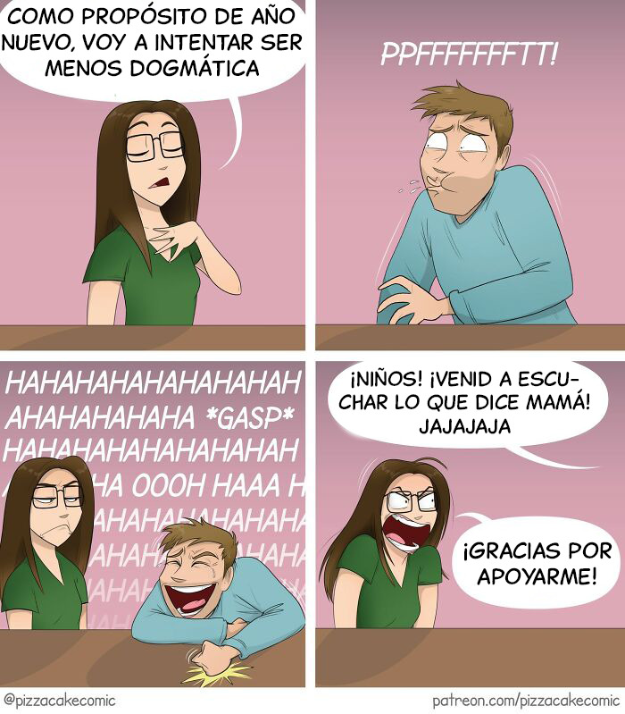 Pareja en cómic divertido, mujer intenta ser menos dogmática y hombre ríe, reflejando caos cotidiano y humor cotidiano.