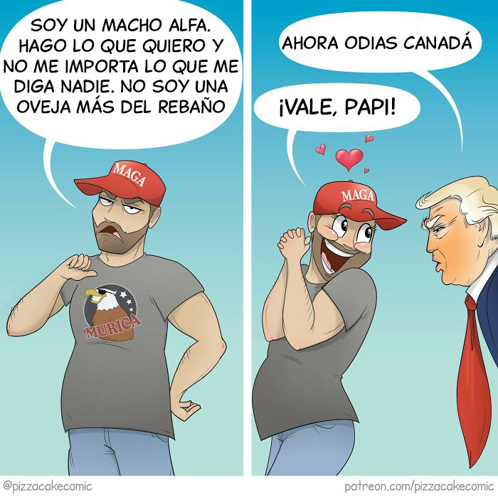 Hombre con gorra roja y camiseta de águila en cómic divertido sobre la vida, gatos y caos cotidiano.