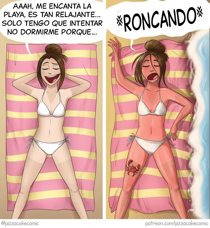 Mujer en la playa disfrutando y luego ronca, ilustración de cómic divertida sobre la vida y el caos cotidiano.