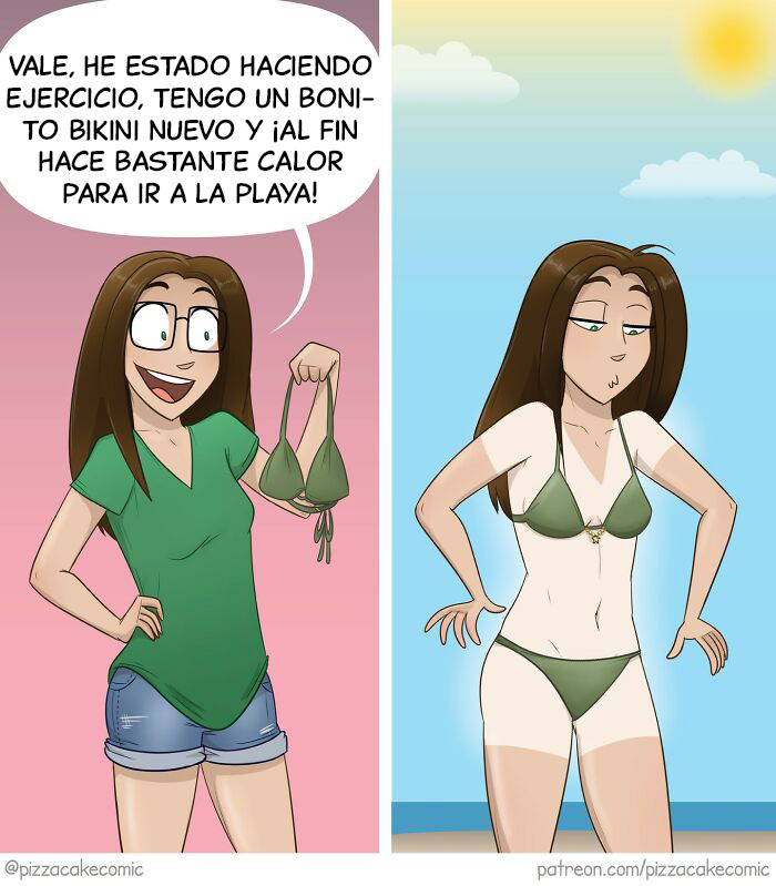 Mujer mostrando un bikini nuevo y disfrutando el verano en cómic divertido sobre la vida y el caos cotidiano.