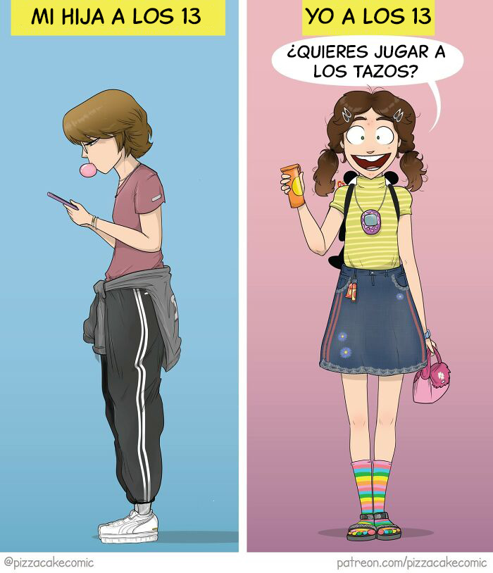Cómic divertido mostrando diferencias entre generaciones y referencias a la vida cotidiana y el caos con gatos.