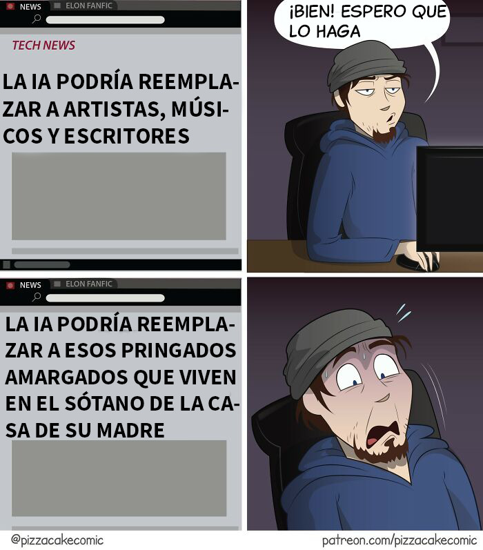 Hombre leyendo cómics divertidos sobre la vida y el caos cotidiano, con expresiones de sorpresa y expectativa.