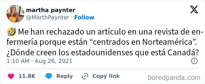 Tuit mostrando rechazo a un artículo por enfoque en Norteamérica, ejemplo de personas que fueron rechazadas brutalmente.