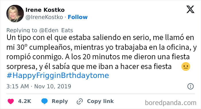 Tweet donde una mujer cuenta cómo fue rechazada brutalmente en su cumpleaños 30 mientras trabajaba, un ejemplo de rechazo emocional.