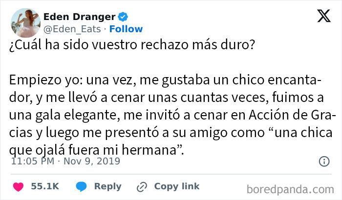 Captura de pantalla de tuit sobre experiencias de rechazo brutal, mostrando texto y respuesta en redes sociales.
