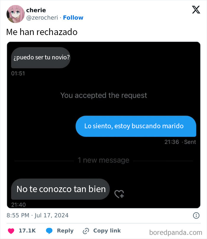 Chat donde una persona es rechazada brutalmente tras pedir ser novio, mostrando conversación de mensajes en pantalla.