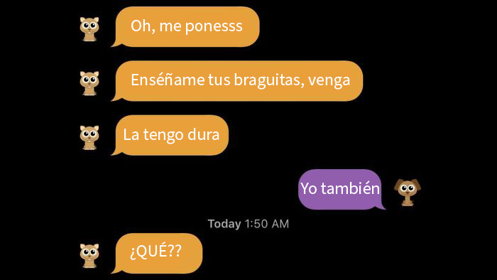 Captura de pantalla de conversación con mujeres usando respuestas ingeniosas contra hombres incómodos y sus comentarios inapropiados.