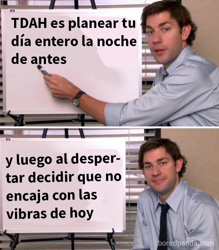 Hombre mostrando meme sobre ADHD y planes cambiantes, ilustrando humor para neurodivergentes con mentes diferentes.