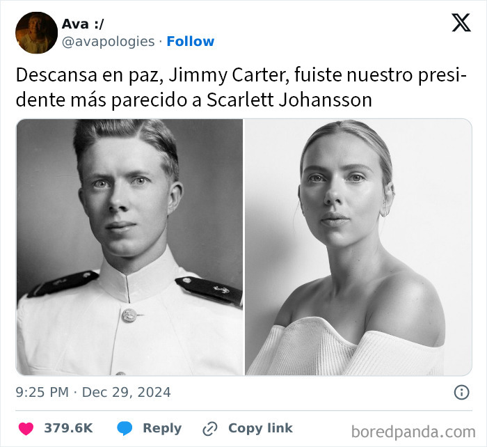 Comparación en blanco y negro entre Jimmy Carter joven y Scarlett Johansson, sorprendente frase que dejó a todos sin palabras.