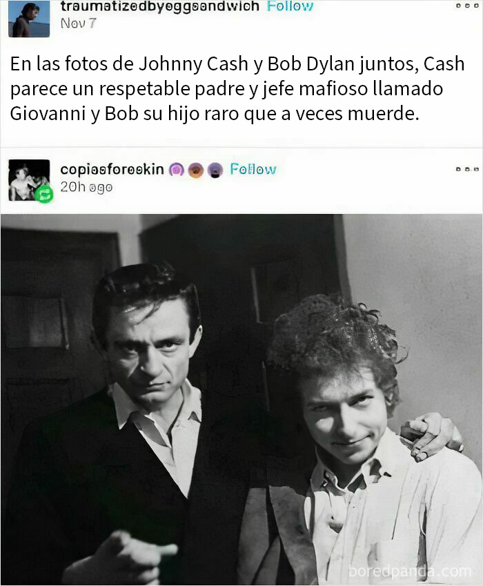 Foto en blanco y negro de Johnny Cash y Bob Dylan con expresiones intensas, icónica entre frases inesperadas que dejan sin palabras.