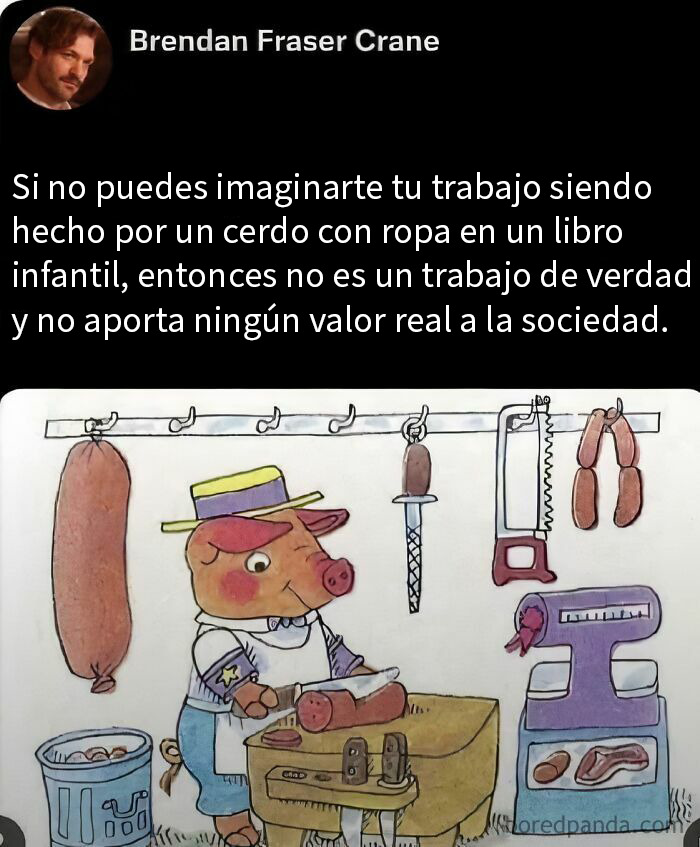 Ilustración de un cerdo vestido trabajando como carnicero, acompañada de frase impactante y frases que dejaron a todos sin palabras.