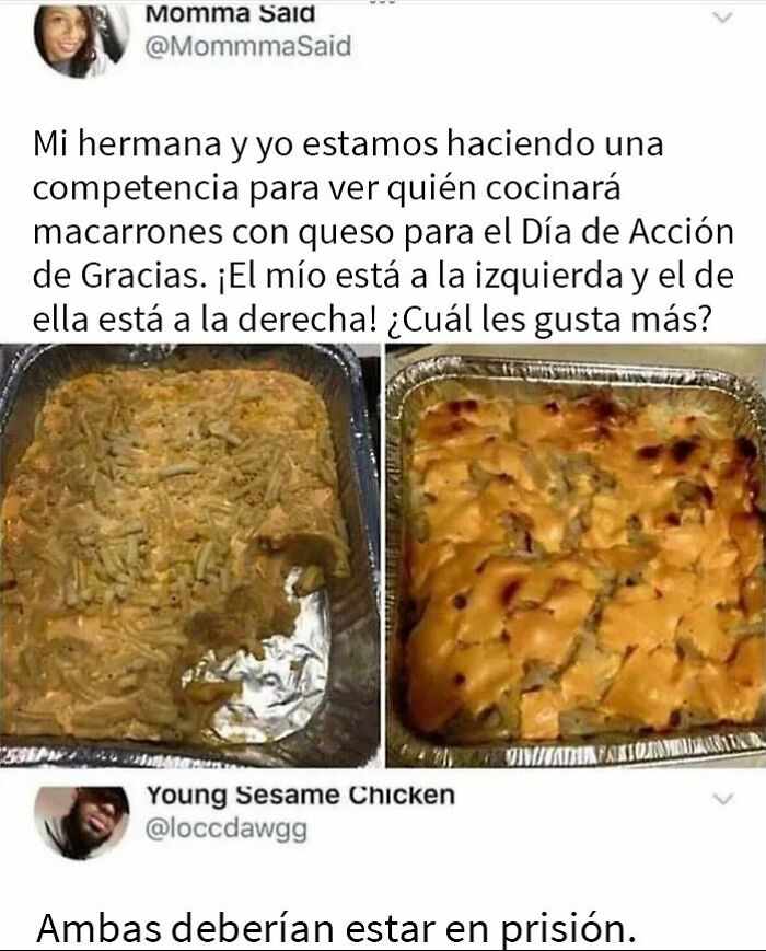 Comparación de dos platos de macarrones con queso, una batalla culinaria con respuestas inesperadamente divertidas.